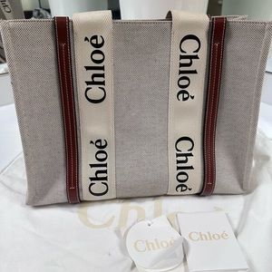 NEW CONDITION $1290 AUTHENTIC Chloe Woody Medium Tote Bag in Linen